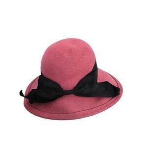 Arlin Vintage 80s 100% wool hat  Black Grosgrain ribbon Bow mauve